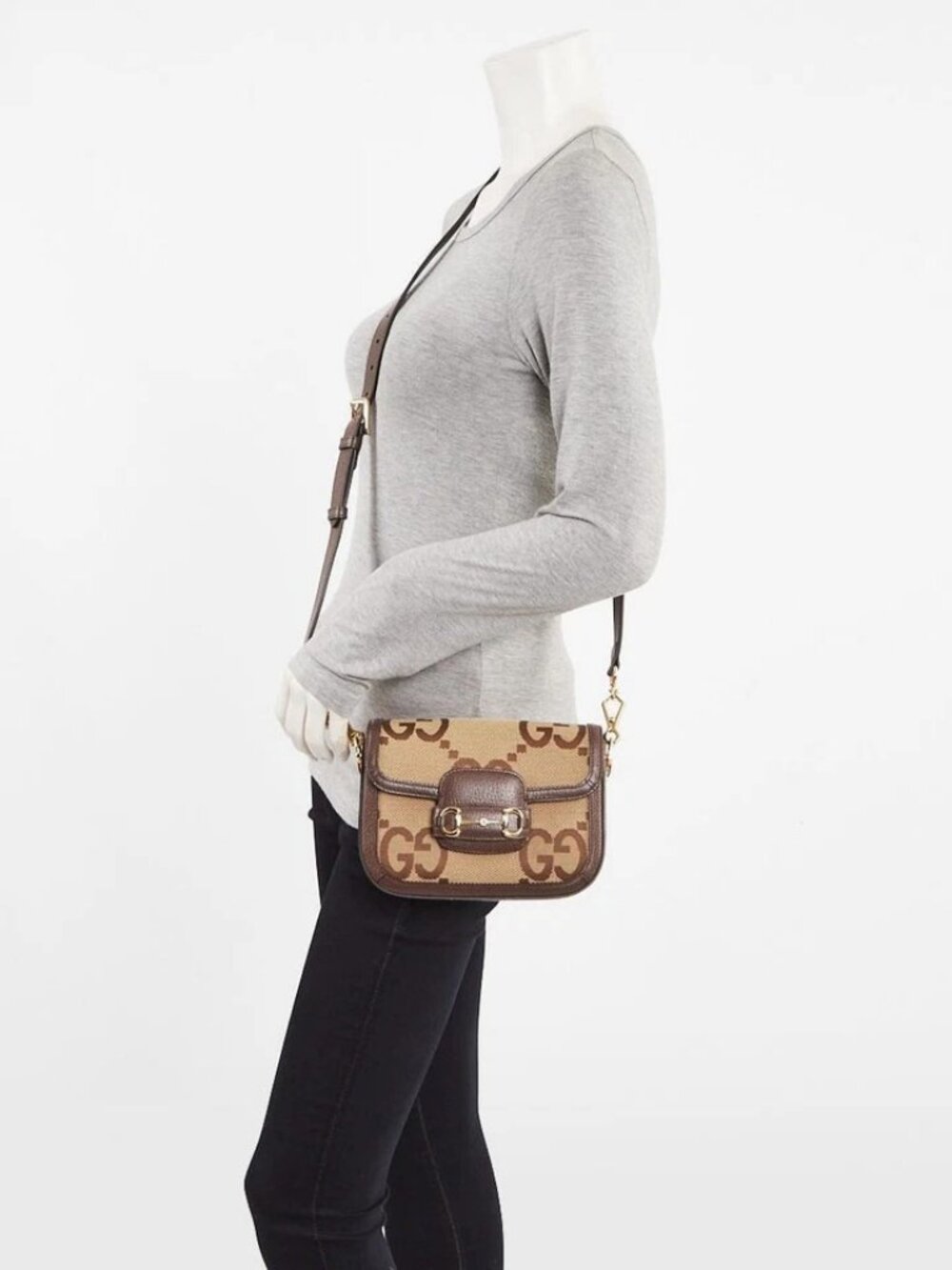 Gucci Beige/Ebony Jumbo GG Canvas/Leather Horsebit 1955 Mini Crossbody Bag